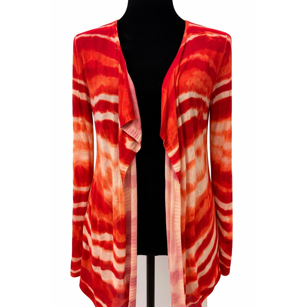 Chico's Womens Draped Open Front Lightweight Cardigan Size 0 Red Striped Tie Dye